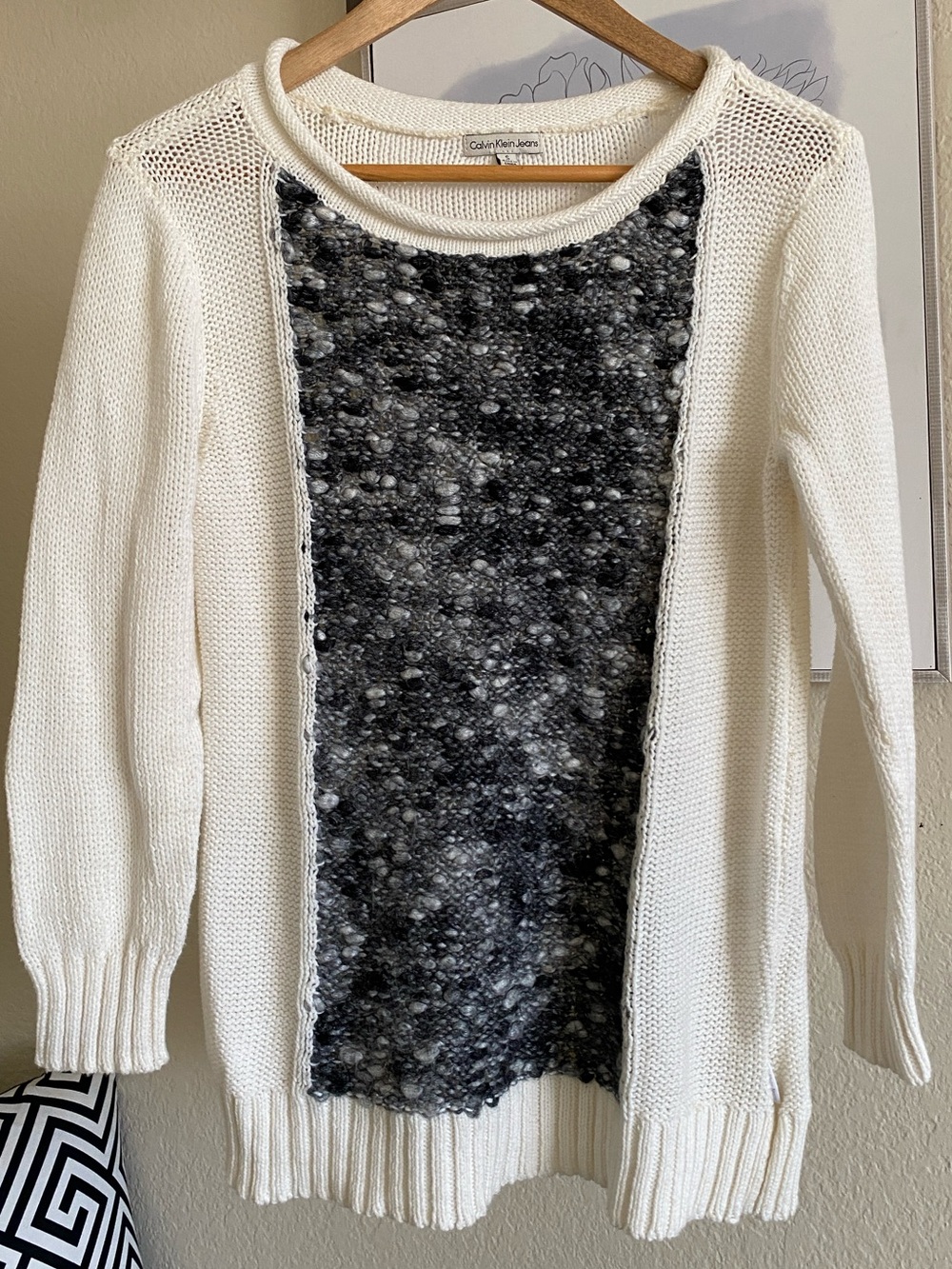 Calvin Klein Jeans White Knit Sweater with Marled Bouclé Panel - Size Small